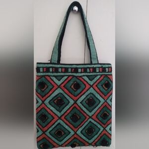 Anthropologie Teal and Coral Handwoven Diamond Tote
